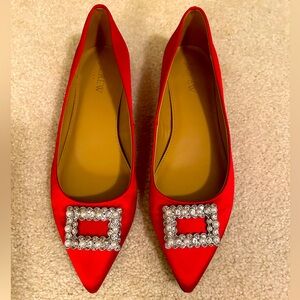 J. Crew Factory Satin Red Flats with Jeweled Rhinestone & Pearl Pointed Toes